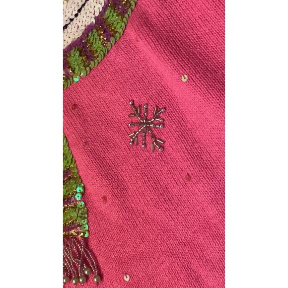 Vintage Quacker Factory Pink Snowman Beaded/Sequin Christmas V-Neck Sweater - 1X - Picture 5 of 16